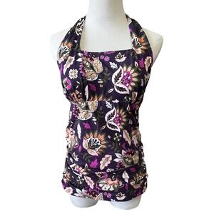 Lands End Purple Floral Halter Tankini Top Ruched Empire Waist Swim Size 8 D Cup